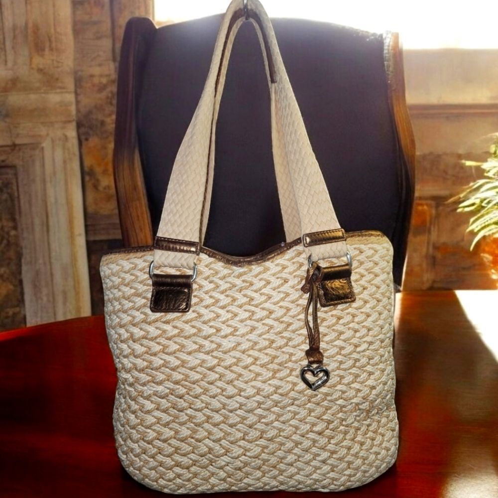 Brighton Buckle Jute Shoulder Bag
 Cream and Brow
